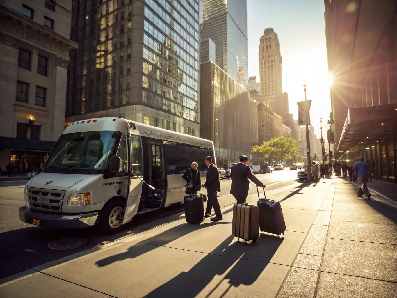 A sleek minibus with professional staff assisting passengers at a busy city street, representing Alkandar Tourism's personnel transport service.