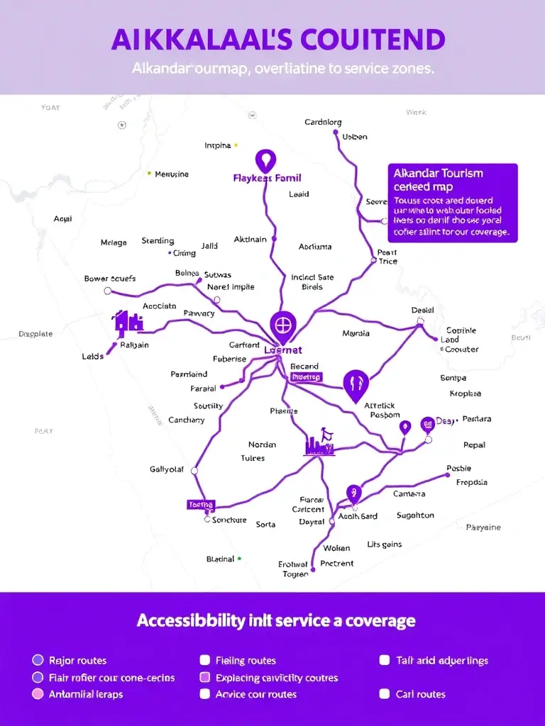 A map showing key routes and service areas covered by Alkandar Tourism, highlighting their extensive coverage and commitment to accessibility.