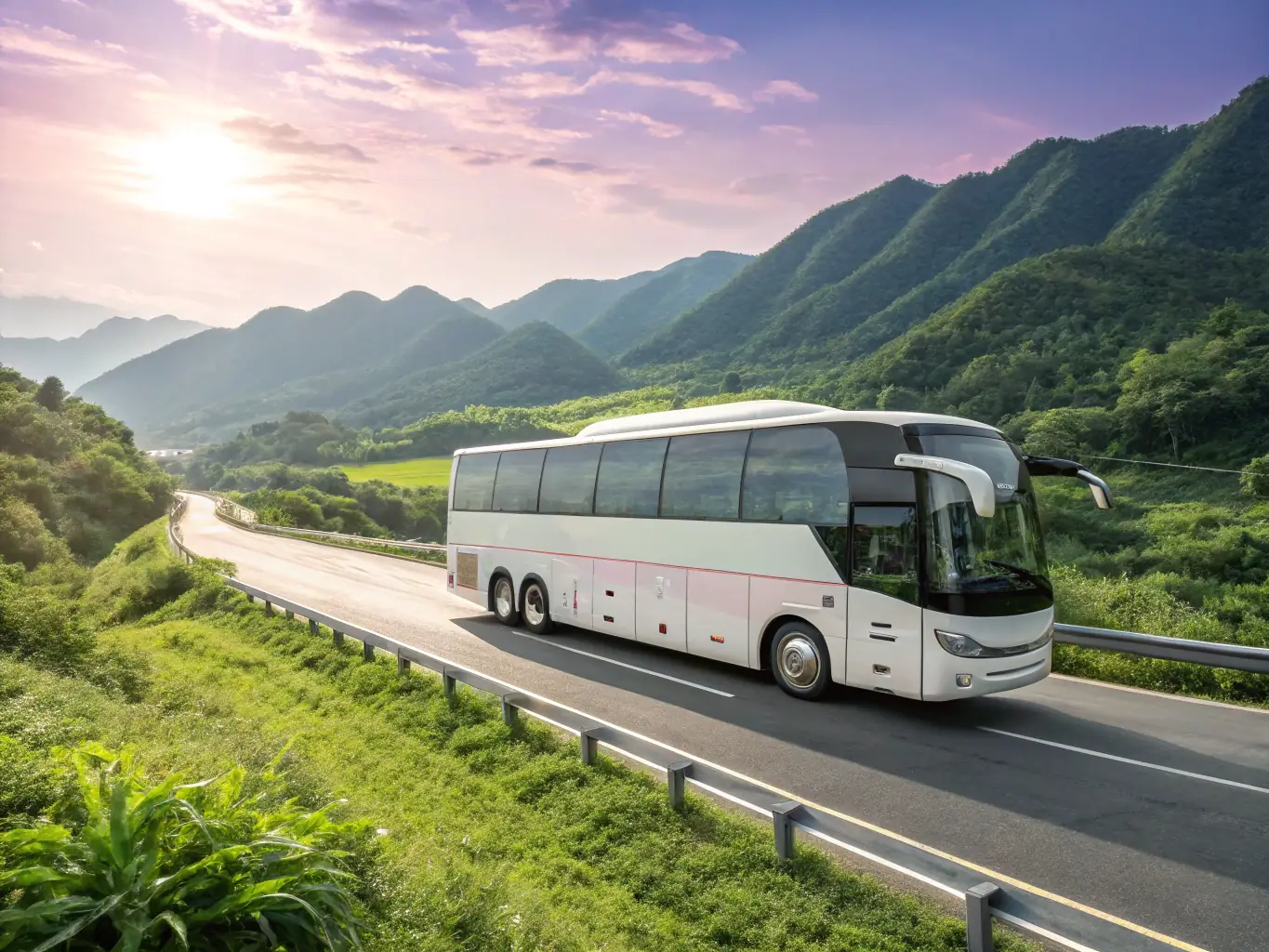 A modern, well-maintained minibus driving on a scenic route, symbolizing Alkandar Tourism's commitment to quality and comfort.
