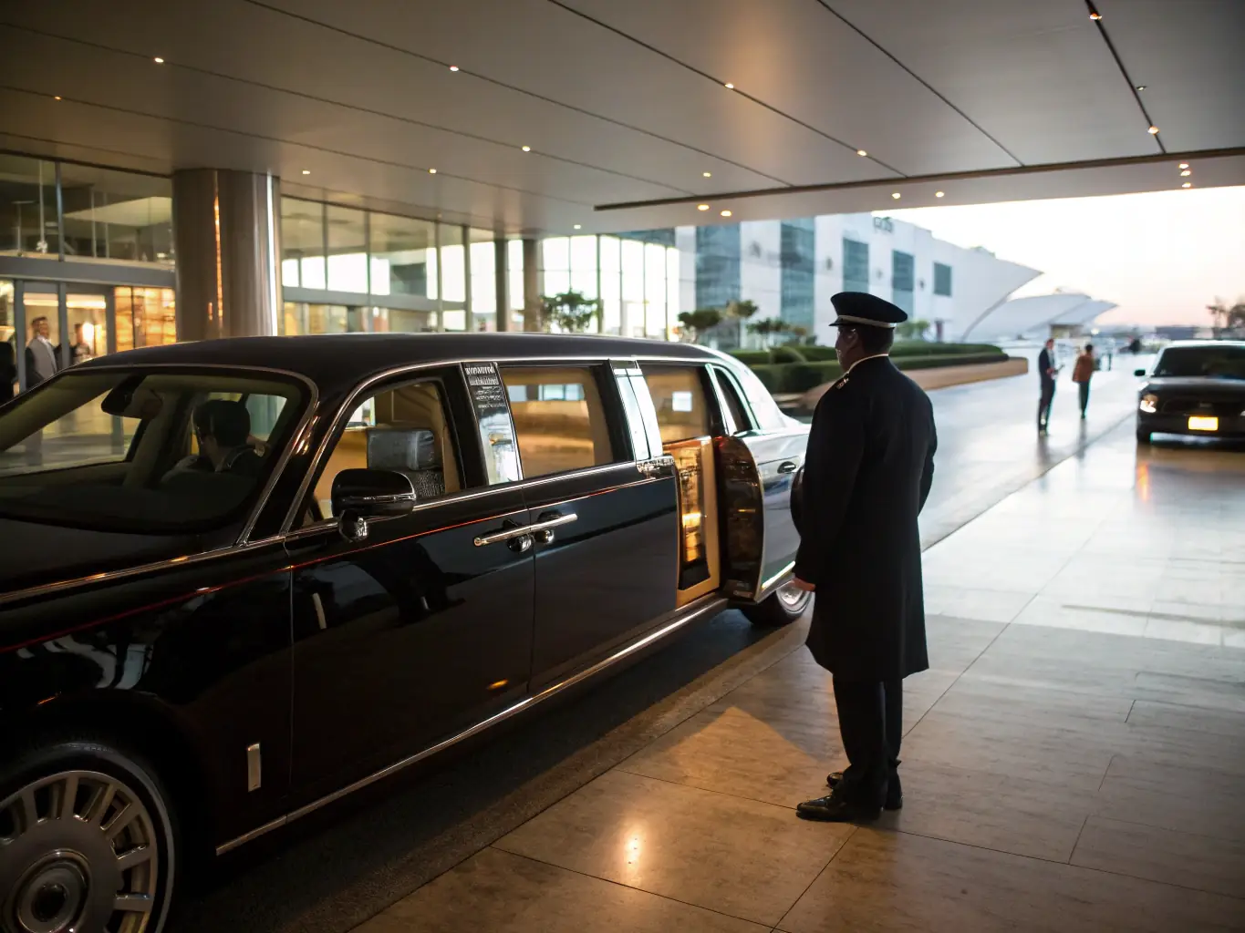 A sleek, black VIP vehicle with tinted windows parked outside an airport terminal, suggesting luxury and exclusivity. A professional driver stands beside the car, ready to assist.
