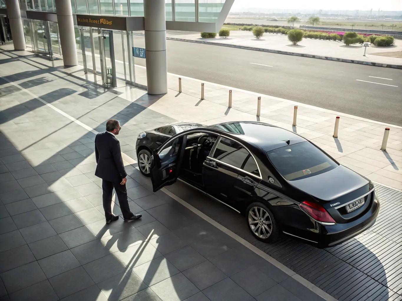 A luxury Mercedes Vito parked at an airport terminal with a welcoming driver, showcasing Alkandar Tourism's airport transfer service.