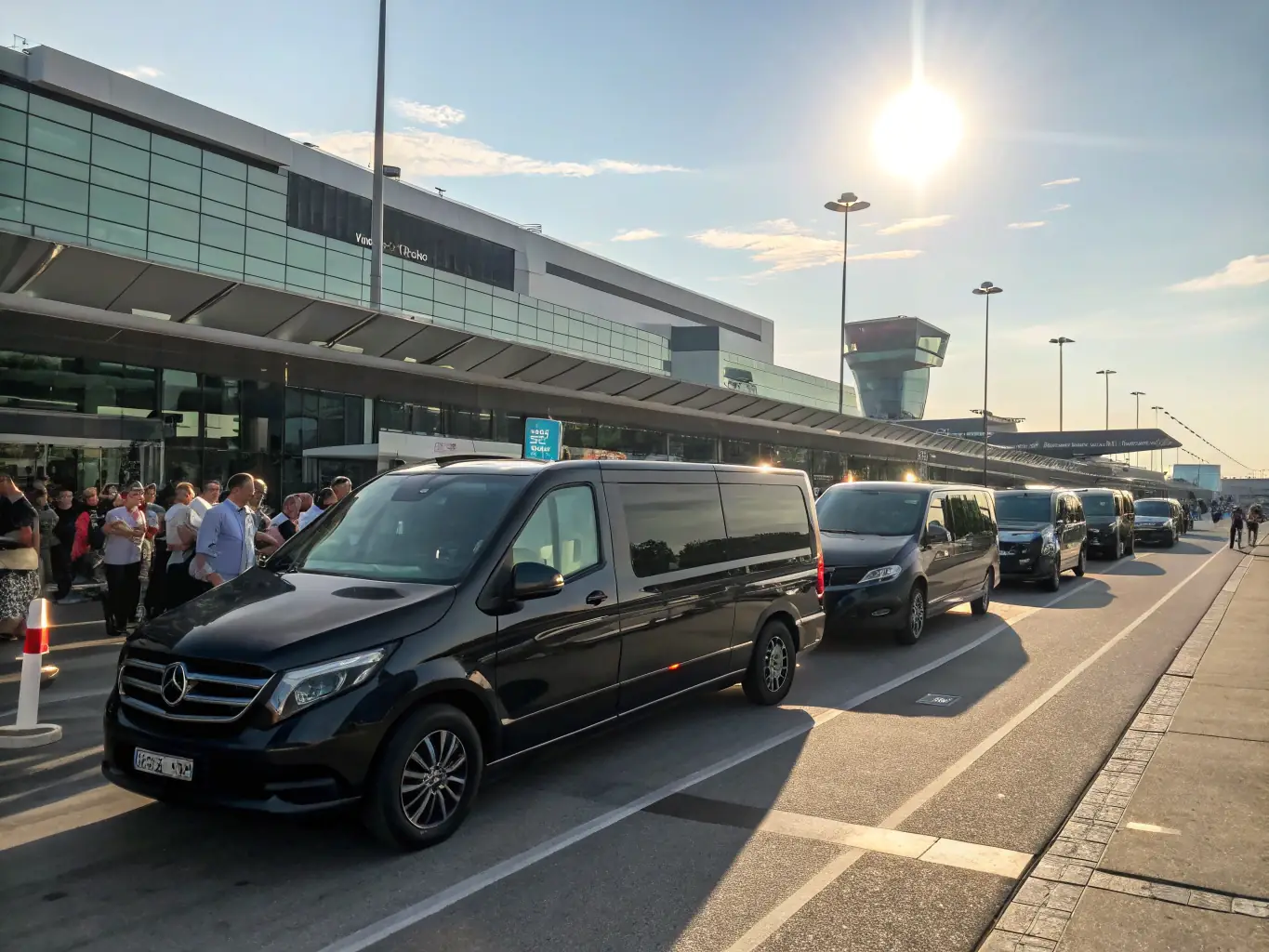 A stylish Mercedes Vito parked at an airport, with passengers loading luggage. The scene conveys efficiency and comfort for airport transfers.