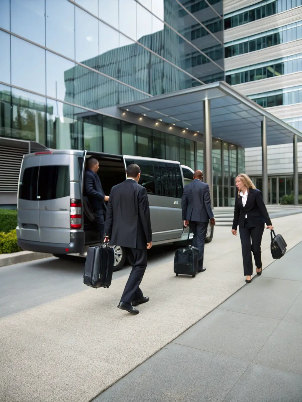 A group of business professionals disembarking from a Mercedes Vito, smiling and relaxed, showcasing the comfort and convenience of Alkandar Tourism's services.