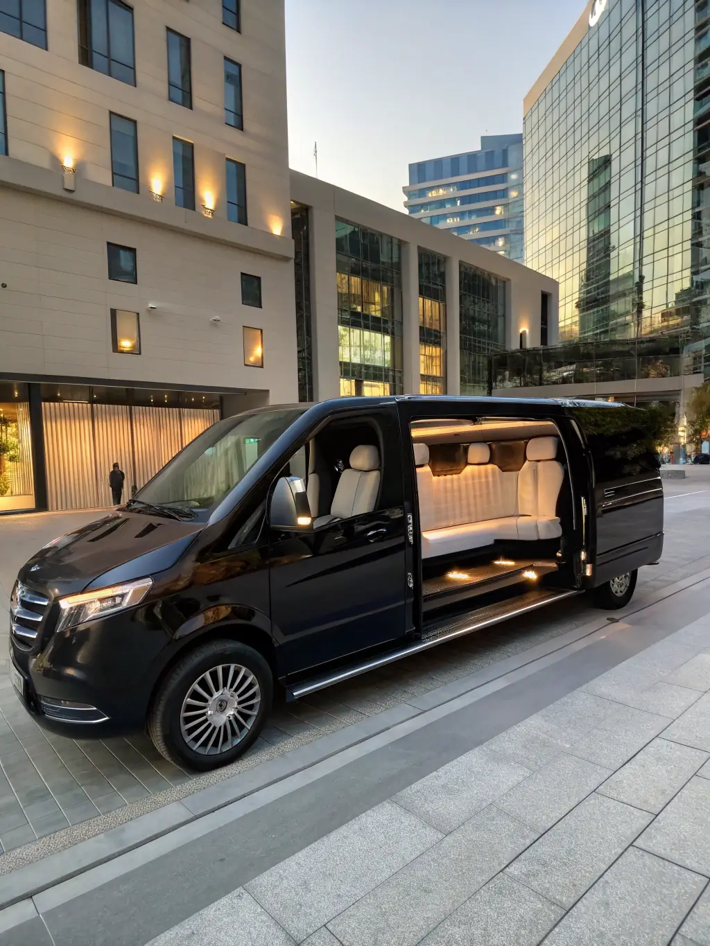A modern minibus with comfortable seating, air conditioning, and tinted windows, parked in front of a corporate office building, symbolizing personnel transport services offered by Alkandar Tourism.