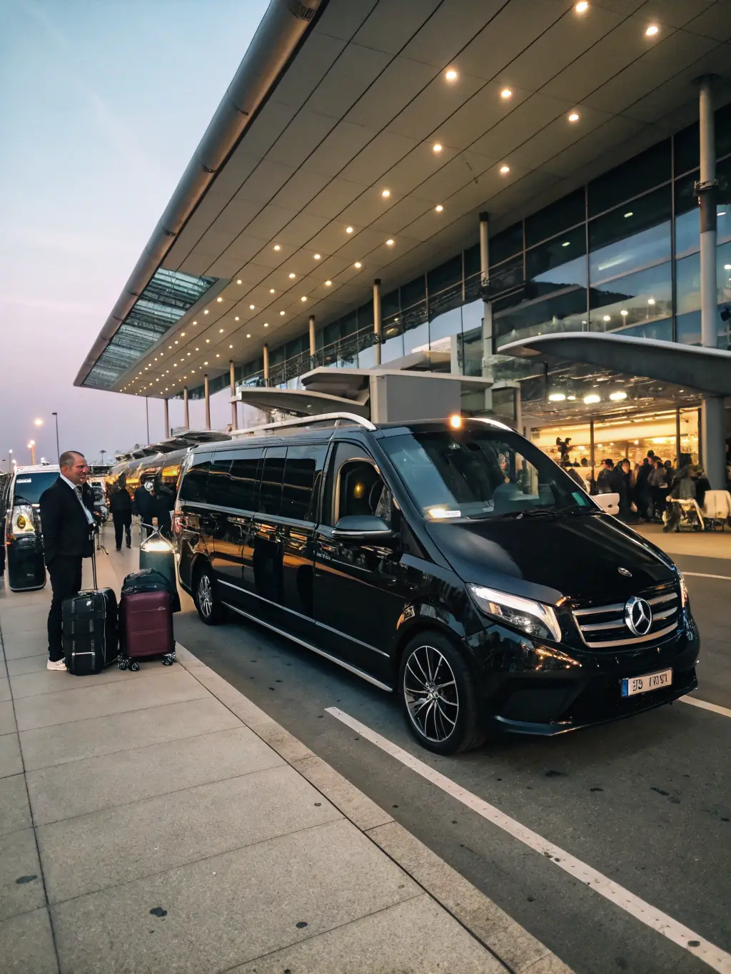 A luxurious VIP vehicle, such as a Mercedes Vito, with leather seats and a professional driver, waiting outside an airport terminal, representing Alkandar Tourism's airport transfer services.