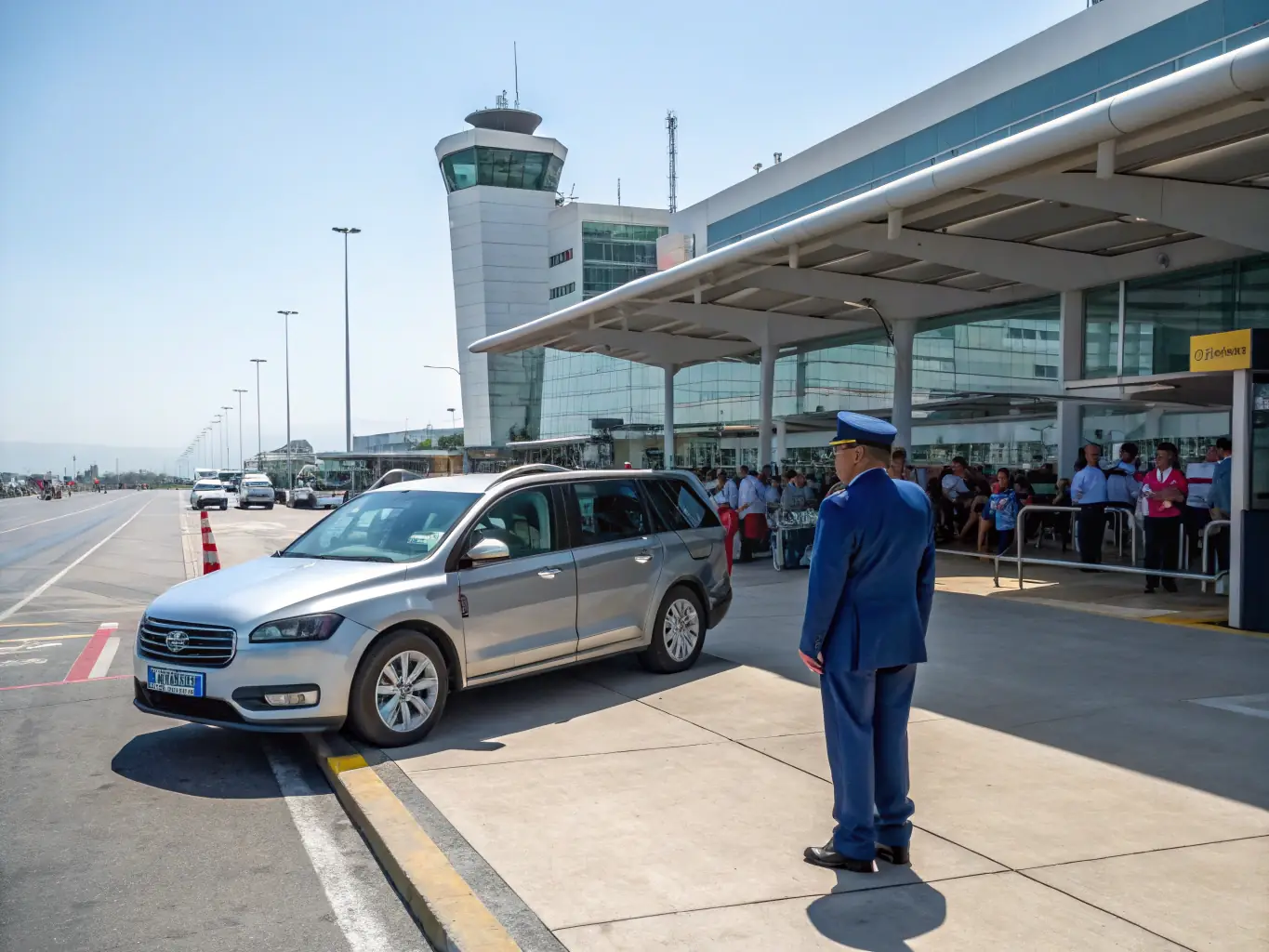 A sleek Mercedes Vito with a professional driver, parked at an airport terminal, ready to provide a comfortable and stylish airport transfer for Alkandar Tourism's clients.